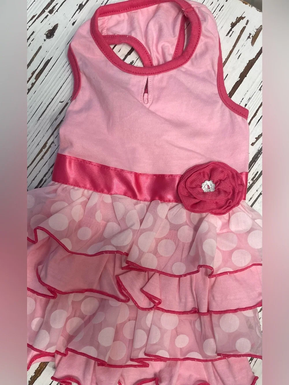 Pink Ruffled Polka Dot Dog Dress with Satin Waistband XS